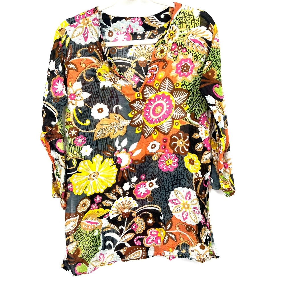 100% cotton bright colorful mod floral tunic top boho hippie long sleeve L